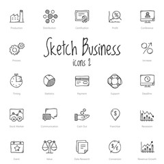 Set of black sketch business icons isolated on light background.