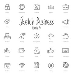 Set of black sketch business icons isolated on light background.