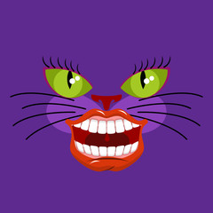 Cheshire cat is an animal from Alice in Wonderland. Broad smile. Teeth and Mouth