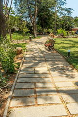 Wide view of green garden with grass, trees, plants, shadows and pathway, Chennai, Tamil nadu, India, Jan 29 2017 