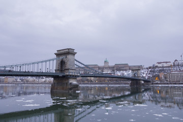 Chain bridge in winter Budapest