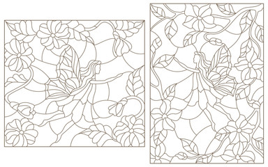 Obraz premium Set contour illustrations of stained glass with fabulous fairies on a background of flowering plants