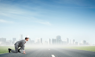 King businessman in elegant suit running and business center at background