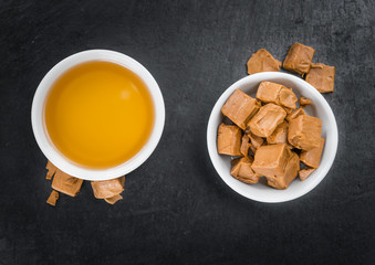 Syrup (Caramel taste) (selective focus, close-up shot)