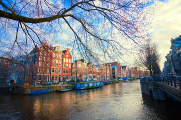 Fototapeta premium A view of canal of Amsterdam by day