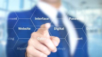 VPN Support, Man Working on Holographic Interface, Visual Screen