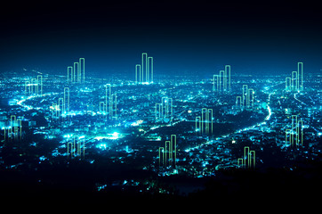 Fototapeta na wymiar abstract business bar graph on night city background