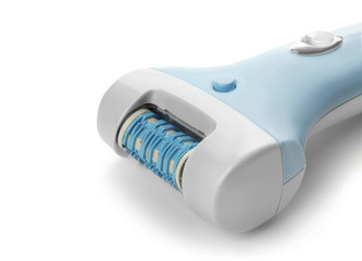 Modern epilator on white background, closeup