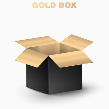 Shining gold and black box on a white background. Light illustration. Shiny golden box. Illustration for a holiday. Empty object