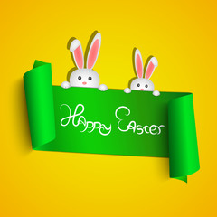 Happy easter. Green ribbon in the form of a banner. Place for your projects. Peeping white rabbits on an orange background. Text on the ribbon. 3d, realistic, shadow