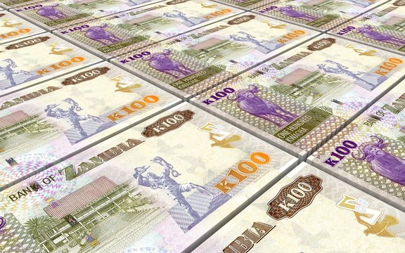 Zambian kwacha bills stacks background. 3D illustration.