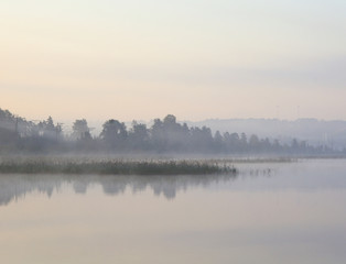 Blurred view of the shore of the lake.