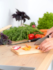 Fresh vegetables on the cutting board, salad in a glass dish. Concept of cooking