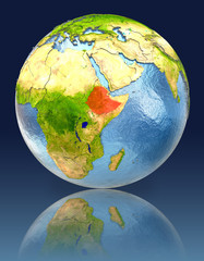 Ethiopia on globe with reflection