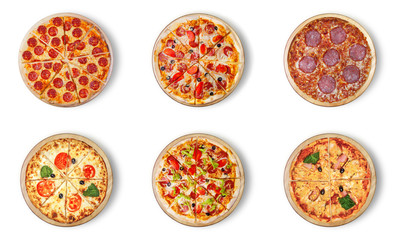 Sechs verschiedene Pizzasets für das Menü. Traditionelle italienische Küche. Fleischpizzen mit Mozzarella, Salami, Würstchen, Peperoni und Schinken.
