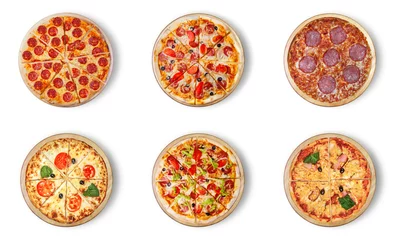 Selbstklebende Fototapete Pizzeria Sechs verschiedene Pizza-Sets für das Menü. Traditionelle italienische Küche. Fleischpizza mit Mozzarella, Salami, Würstchen, Peperoni und Schinken.