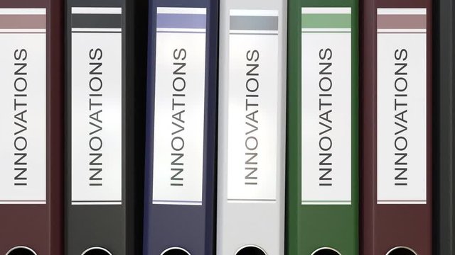 Multiple office folders with Innovations text labels 3D rendering