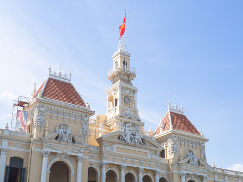 SAIGON, VIETNAM - MARCH 26, 2017: 
Narrow View Of Notre-Dame Cathedral Basilica Of Saigon Is About Roman Catholic French Conquest Of Religion Located On Archdiocese Of Ho Chi Minh City.