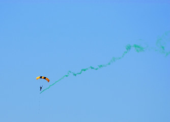 parachute show in the sky with color smoke
