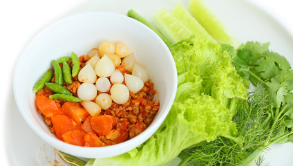 Thai cuisine nam prik or chili paste with various vegetables, Nam Prik Ong thai name (local northern Thailand).
