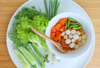 Thai cuisine nam prik or chili paste with various vegetables, Nam Prik Ong thai name (local northern Thailand).