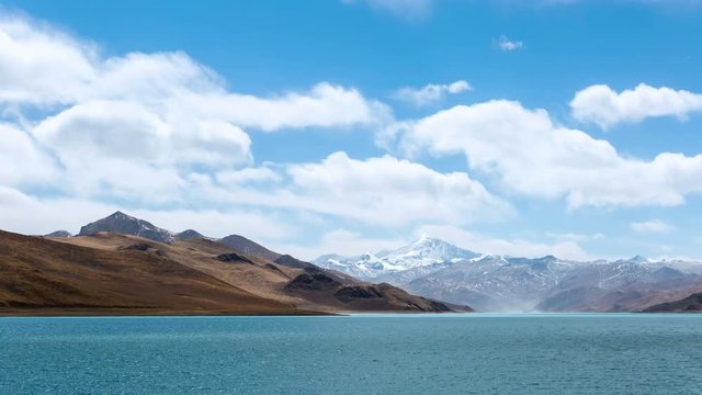 time lapse of sunny blue sky and holy lake yamdrok in tibet