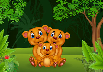 Cartoon brown bear family in the jungle