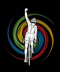 The winner Bicycle riding front view designed on spin wheel background graphic vector.