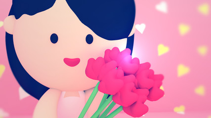 3d rendering picture of female cartoon character holding a bouquet of flowers. Happy Mother's Day greeting card.