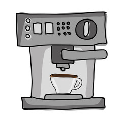 silhouette color hand drawn with coffee maker with porcelain cup in front view vector illustration