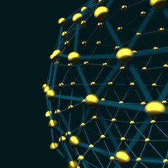 Molecule And Communication Background. Brochure or web banner design. Lines and spheres. Medical, technology, chemistry, science relative. Shallow depth of field. 3D rendering. Metallic material