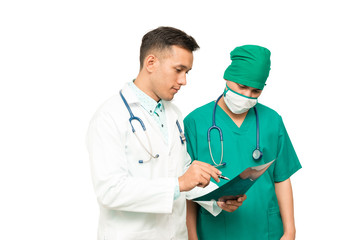 Asian male medical doctors with xray film on white background