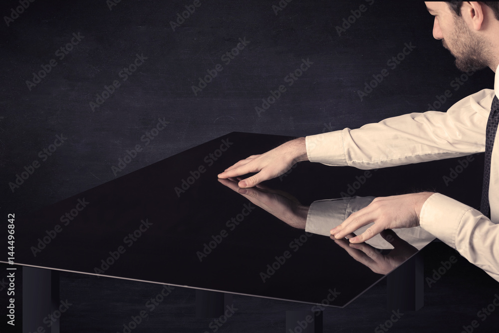 Poster Close up of a hand touching smart table with copy space