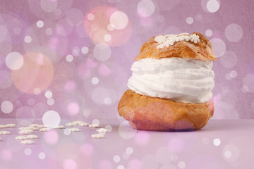 Delicious tasty homemade cakes with bokeh light background