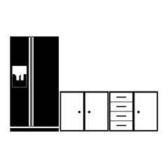 monochrome silhouette of lower kitchen cabinets with fridge vector illustration