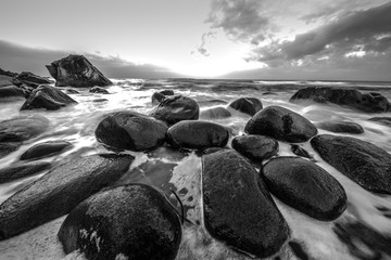 Obraz premium Lofoten islands. Beautiful Norway spring landscape. Black-white photo.