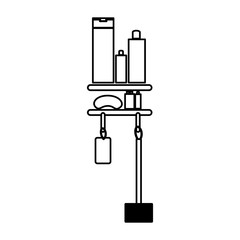monochrome contour of shelf with beauty products in bath vector illustration