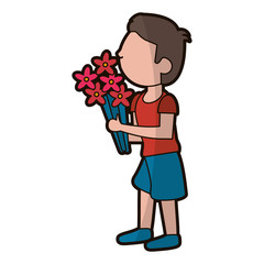 cartoon son boy with flowers bunch vector illustration eps 10