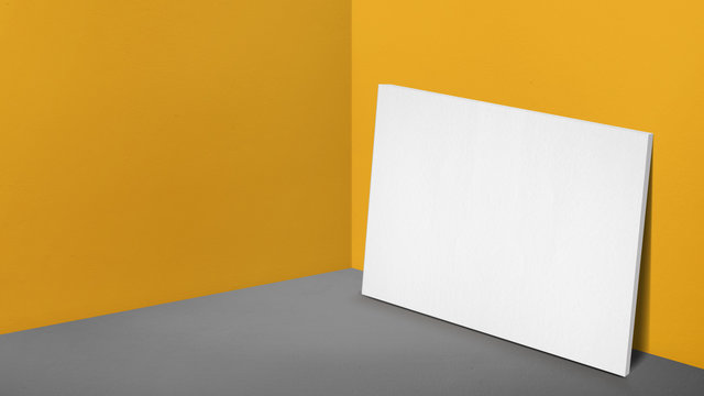 Blank white poster canvas leaning at corner in perspective yellow studio room,Mockup template for adding or display of product or design(3d rendering)