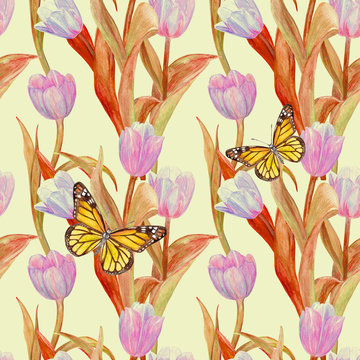 vintage seamless texture with lovely pink tulips and butterflies for your design. watercolor painting