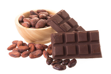 Chocolate with cacao, isolated on white background