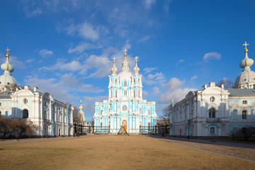The Cathedral of the Resurrection of Christ in the architectural ensemble of the Smolny Convent on a sunny April day. Saint-Petersburg, Russia