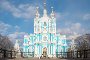 Fototapeta na wymiar Smolny Cathedral close up, sunny April day, Saint-Petersburg