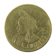 25 guatemalan centavo coin (1998) obverse isolated on white background
