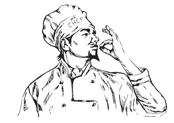 Chef in uniform.Vector illustration of chef with mustache and hands.