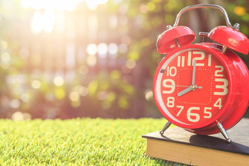 Red alarm clock on green grass with sunlight blur and bokeh background in morning time