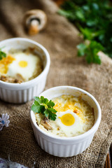 Baked egg with minced fish and mushrooms