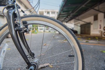 Fototapeta na wymiar Closeup brown Bicycle tire. bike wheel fragment.