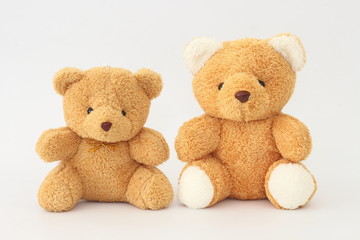 Two brown teddy bears look cute on a white background.