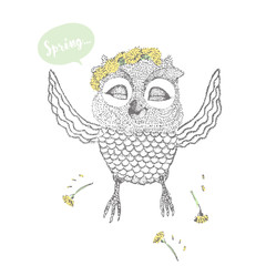 happy owl in a wreath of flowers. freehand drawing.
